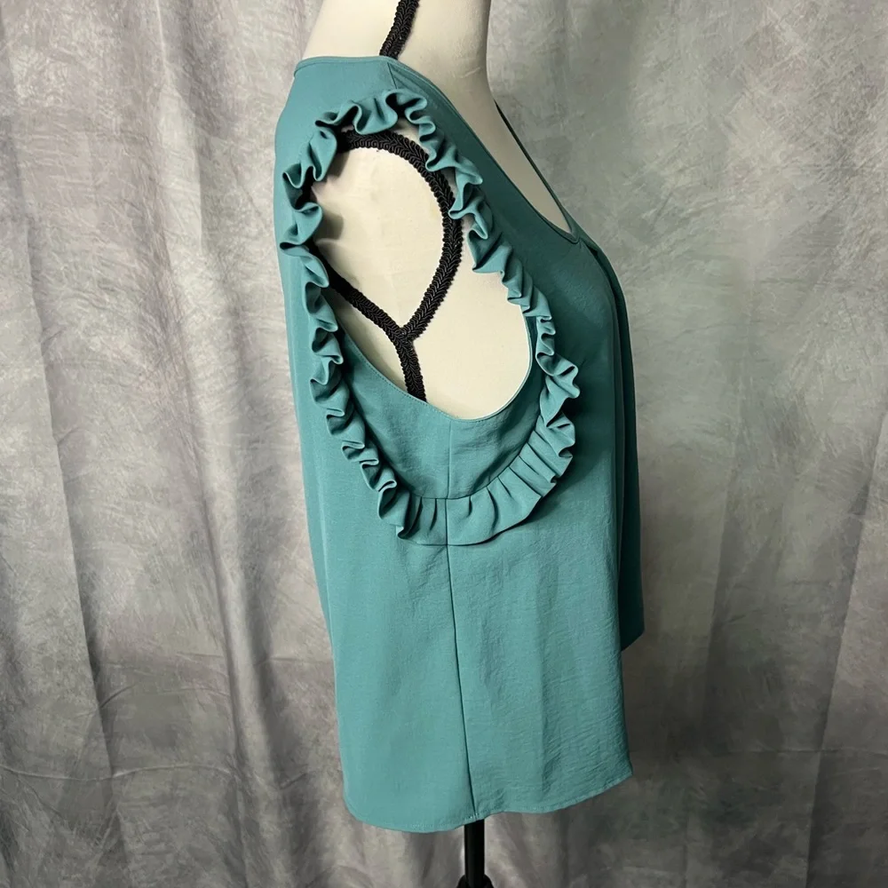 Molly Bracken Teal Ruffle Sleeve Keyhole Back Blouse - MED - Picture 4 of 14